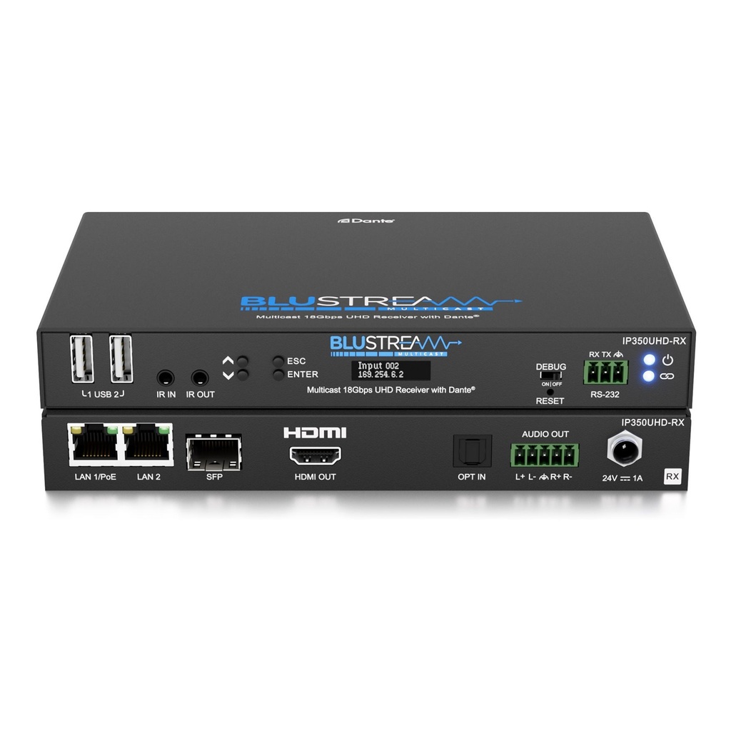 Blustream Uhd Video Receiver 18Gbps Ip Multicast; 2ch Dante Audio Tx/rx; Bi-directional Ir